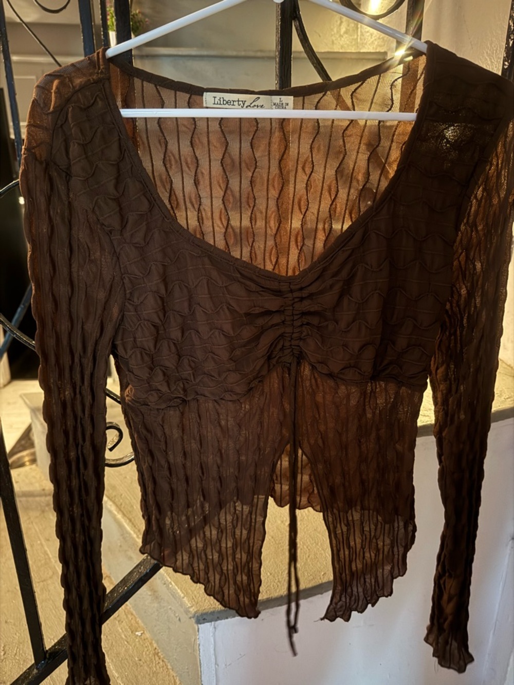 Liberty Love Brown Sheer Ruched Long-Sleeve Scoop Top